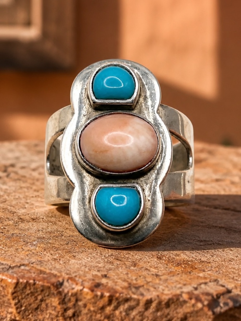 Size 7.5 Pink conch, Turquoise 925 sterling silver ring - signed Jay King
